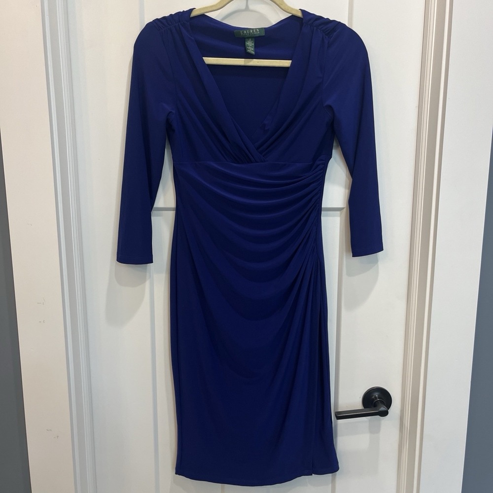 Lauren Ralph Lauren Royal Blue Ruched 3/4 Sleeve V Neck Stretch Dress Size 2